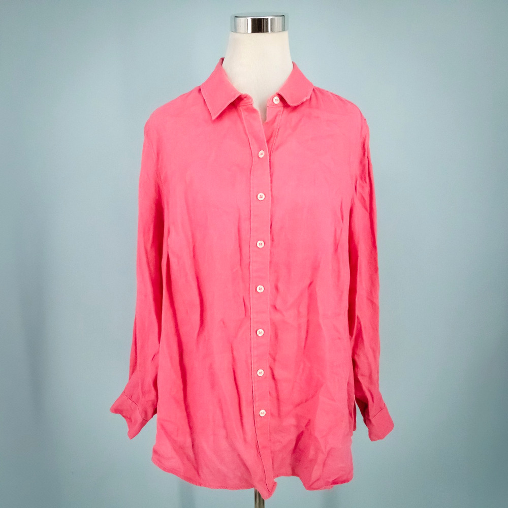 Lord & Taylor Plus Size 1X Pink Collared Button Vacation Resort Linen Top Blouse